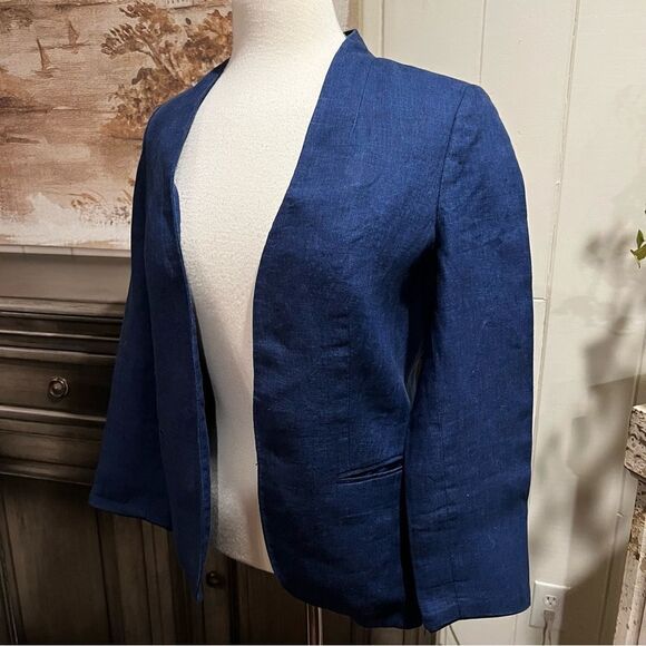 The Limited Collarless Blazer Navy Blue Linen Open Closure with 2 pockets size S - Picture 2 of 7